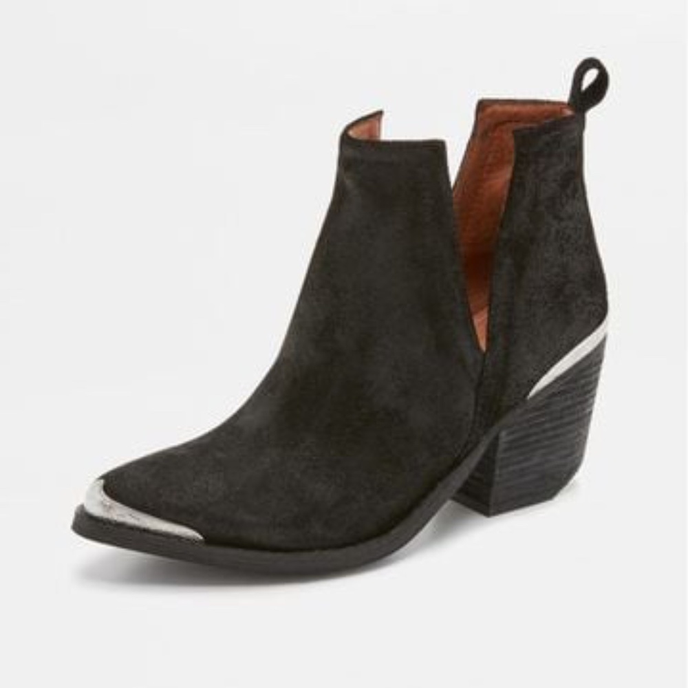Jeffrey Campbell Cromwell- Black Suede Western Ankle Boot with Silver Accents